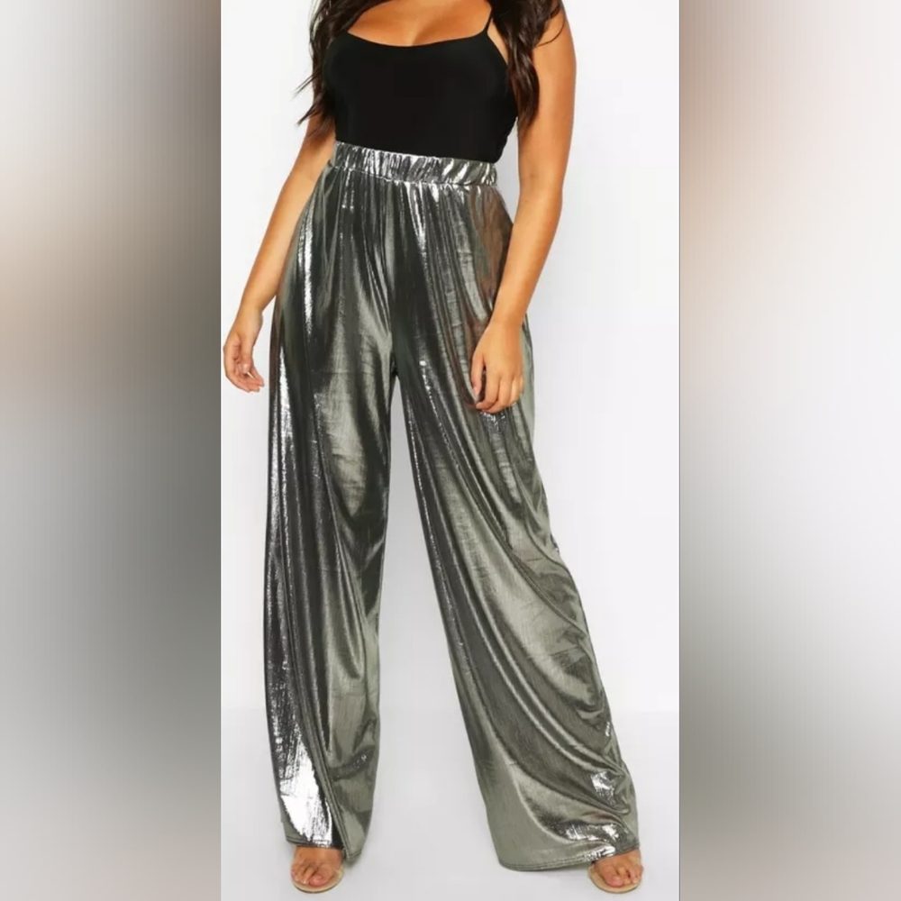 PLUS METALLIC WIDE LEG PANTS